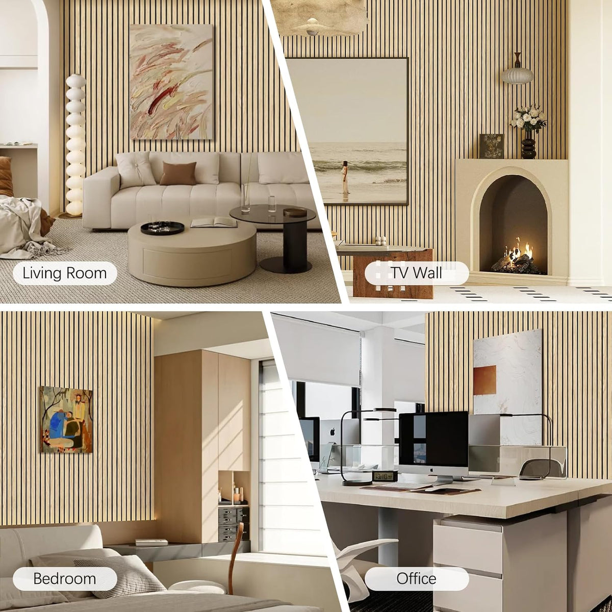 Collage of a living room, TV wall, bedroom, and office with striped wallpaper.