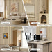 Collage of a living room, TV wall, bedroom, and office with striped wallpaper.