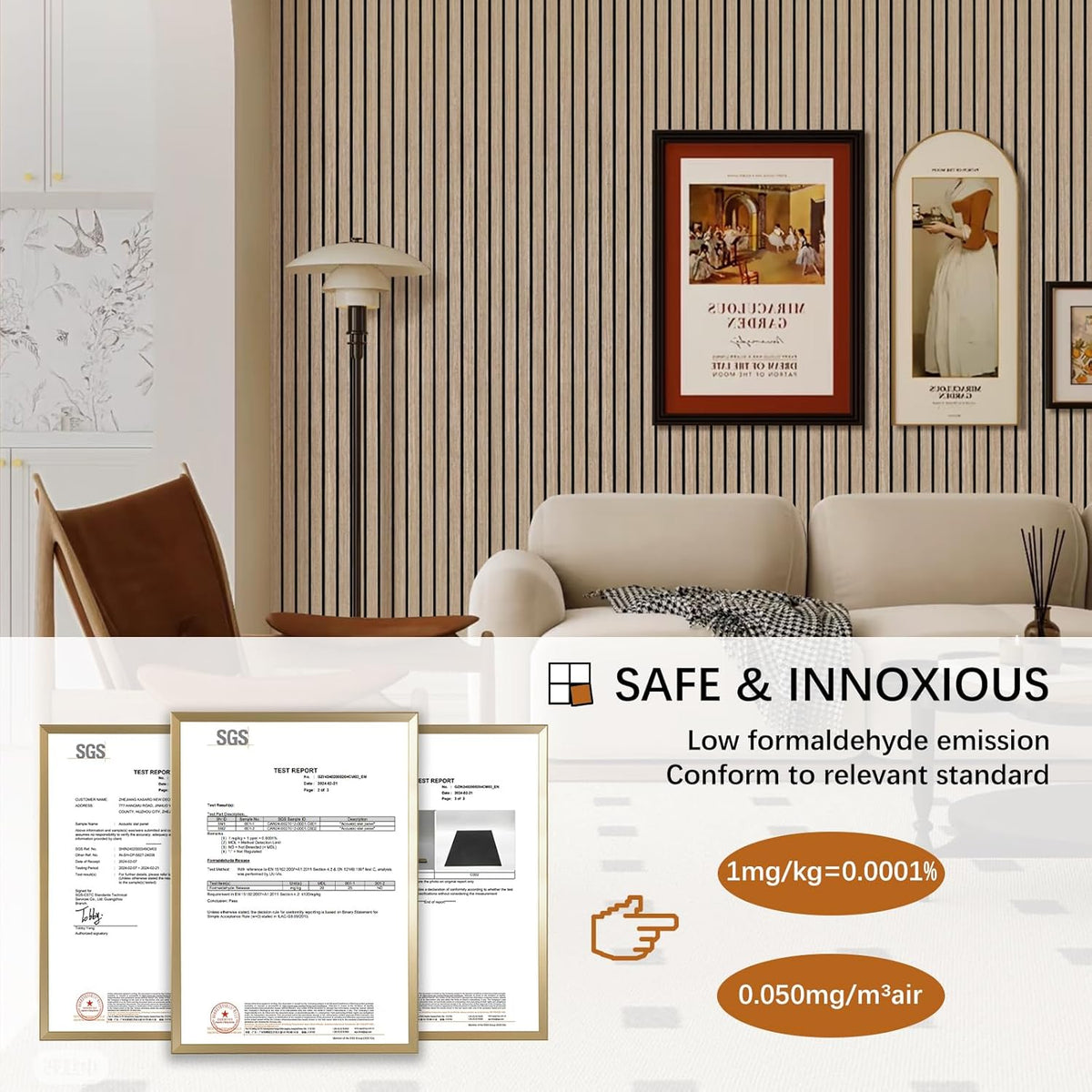 Living room with striped wallpaper, framed pictures, and a sofa. Certificates and text about safe and innoxious material are displayed.