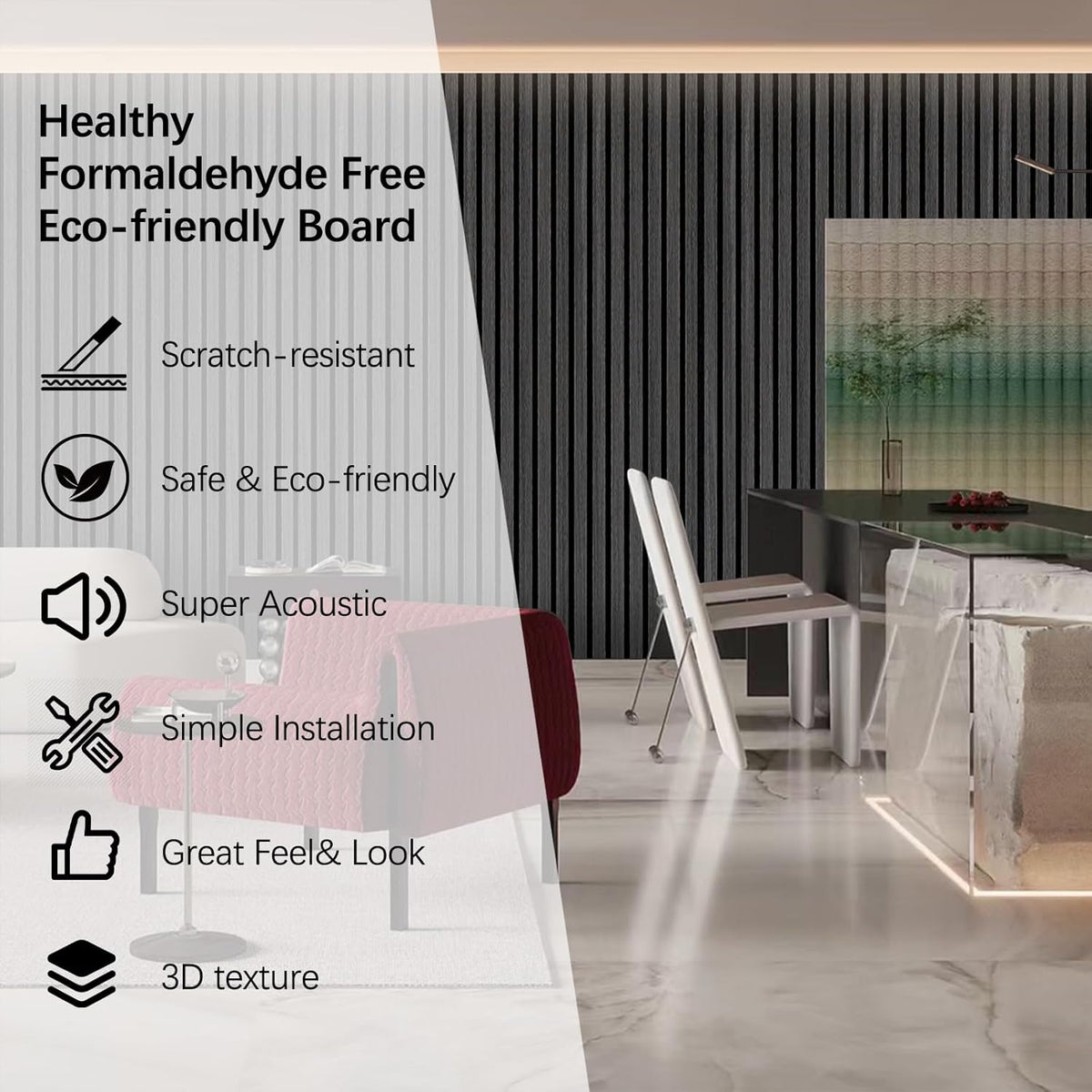 Decorative black acoustic panels by Unisoar with eco-friendly build and 3D scratch-resistant texture