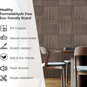 Dining area with eco-friendly walnut slat acoustic panels and key features like scratch resistance and easy installation