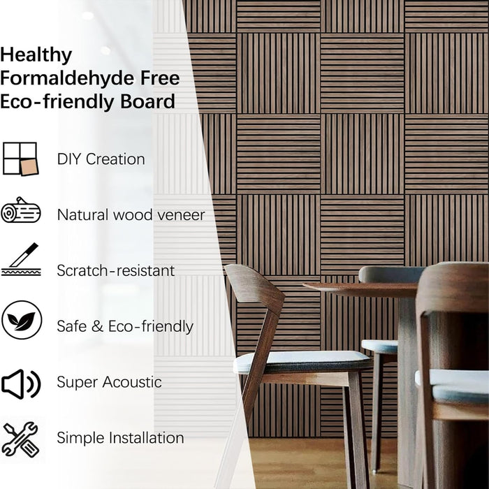 Dining area with eco-friendly walnut slat acoustic panels and key features like scratch resistance and easy installation