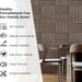 Dining area with eco-friendly walnut slat acoustic panels and key features like scratch resistance and easy installation