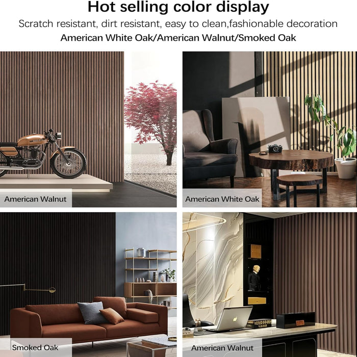 Collage of interior design scenes with furniture and decor elements, showcasing American White Oak, American Walnut, and Smoked Oak finishes.