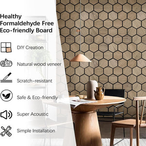 Features of decorative acoustic hex tiles including DIY-friendly install and super sound dampening