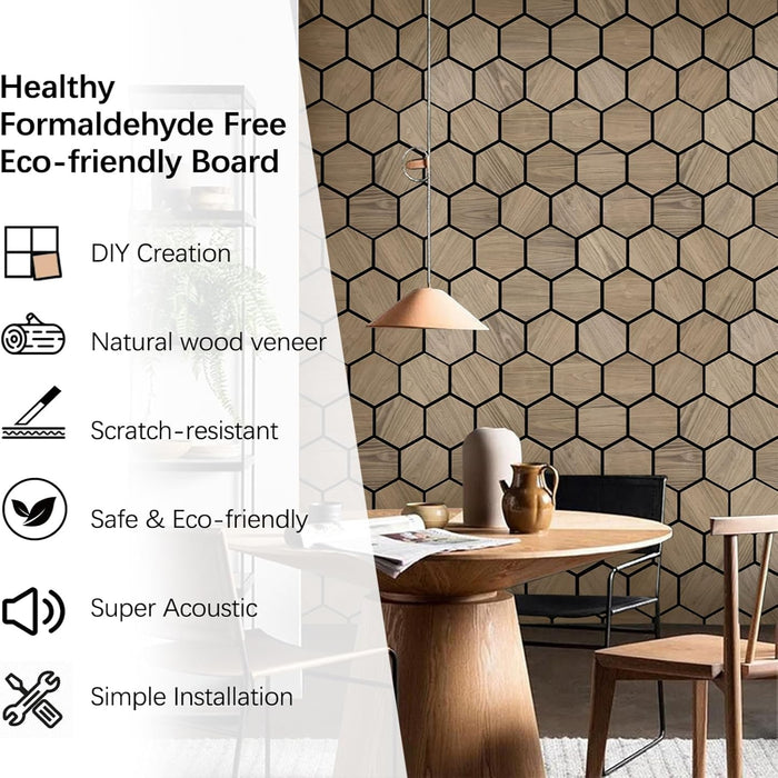 Features of decorative acoustic hex tiles including DIY-friendly install and super sound dampening