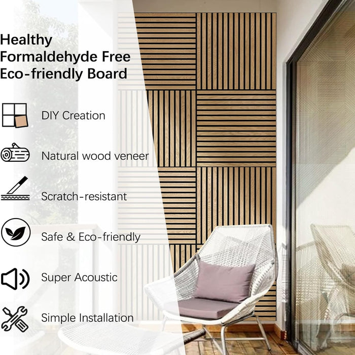 Wooden wall paneling with chair and decorative elements, featuring text on health and features.