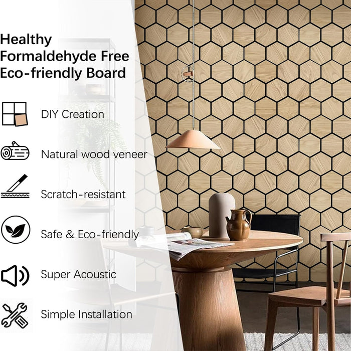 Dining area with hexagon acoustic wall panels and feature icons for eco-friendly material and easy DIY installation