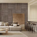 Neutral-toned open living space with premium Unisoar square walnut acoustic panels installed as statement wall decor