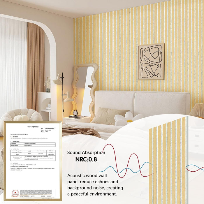Acoustic wood wall panels reduce echo in bedroom setting with NRC 0.8 sound absorption rating