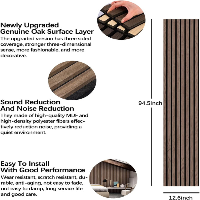 Wooden panel with text on sound reduction, surface layer upgrade, and installation ease.