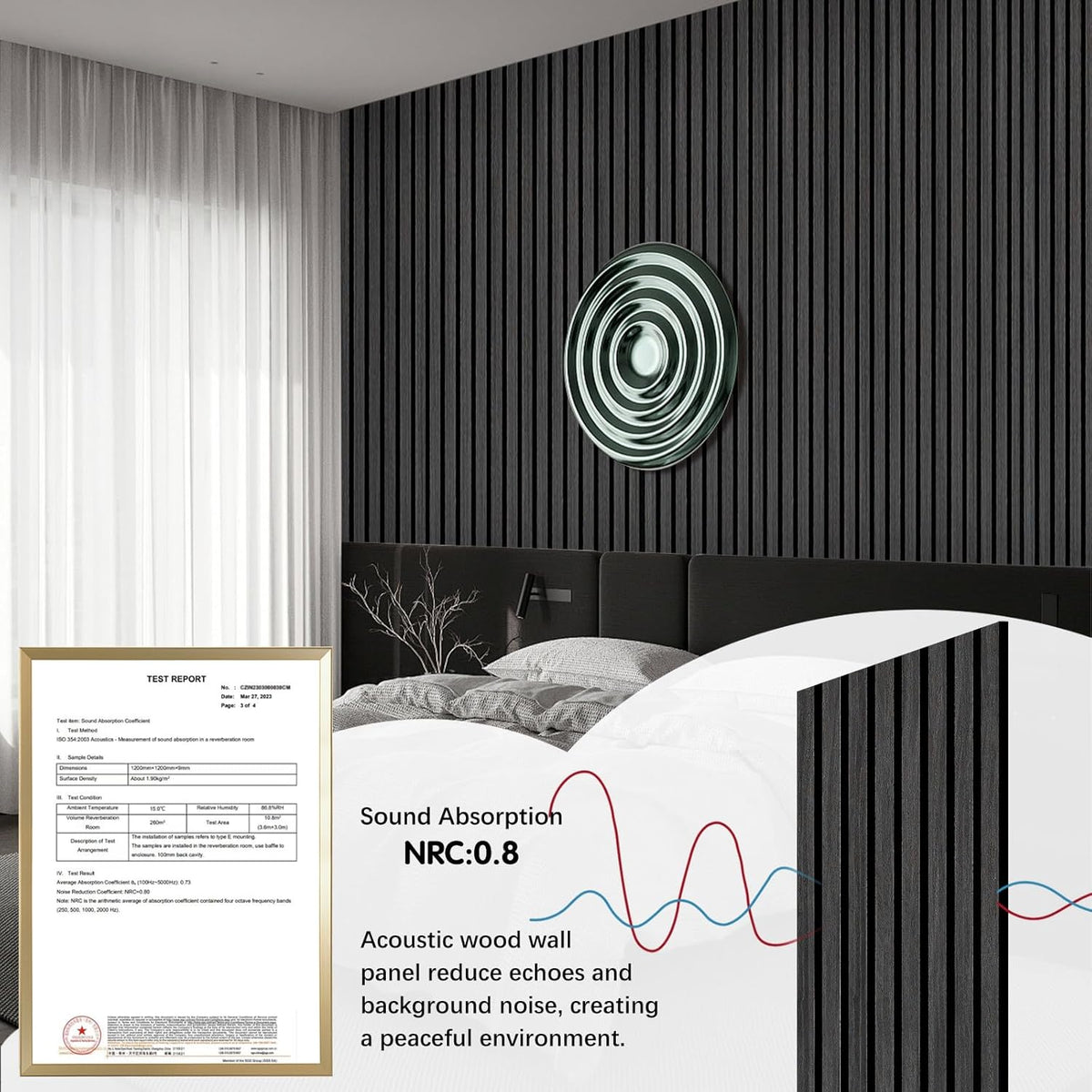 Sound absorption test result of Unisoar black oak acoustic panels with NRC 0.8 in bedroom setup
