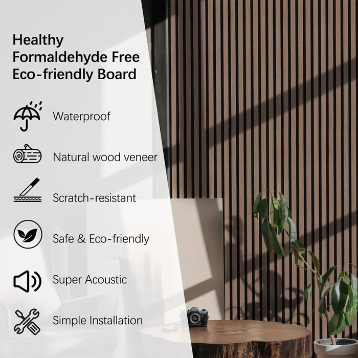 Eco-friendly board with natural wood veneer, scratch-resistant surface, and acoustic properties.