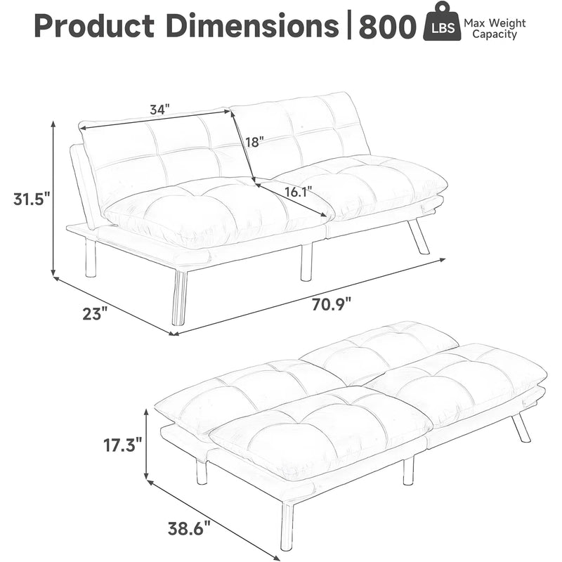 Convertible Futon Sofa Bed Couch | Adjustable 2-Seater Sleeper