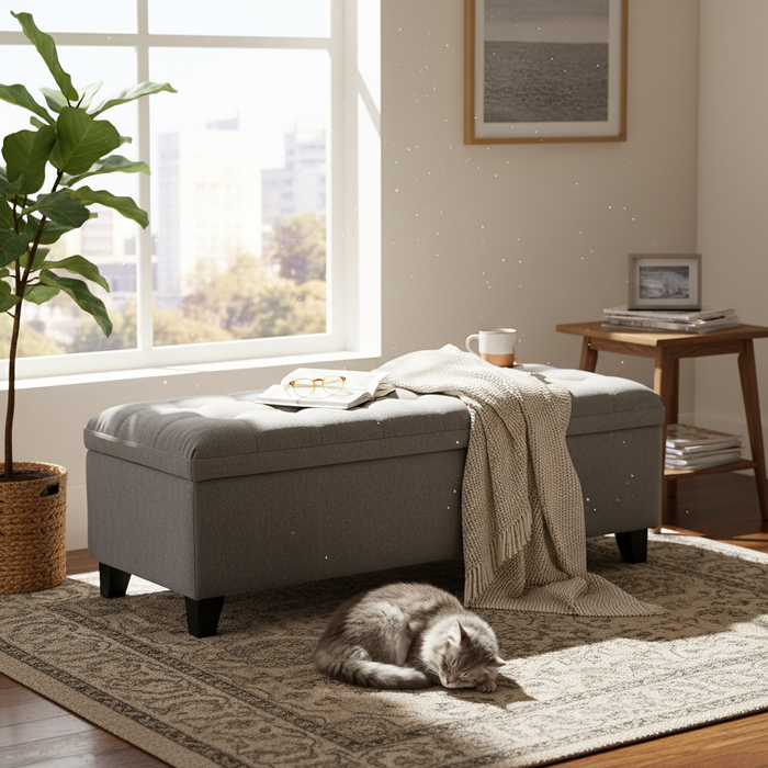 Modern 51" Rectangular Storage Bench - Tufted Linen Upholstered Ottoman with Hidden Storage
