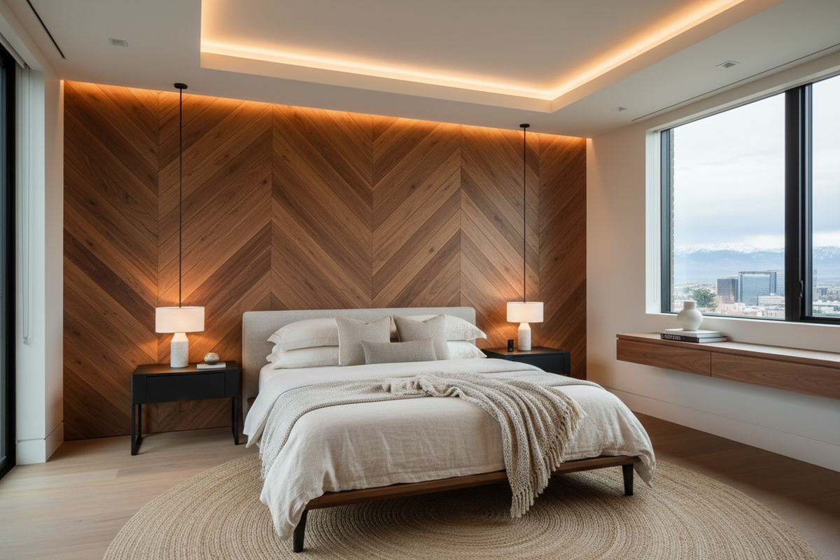 Walnut Chevron · Bedroom Feature Wall, Denver